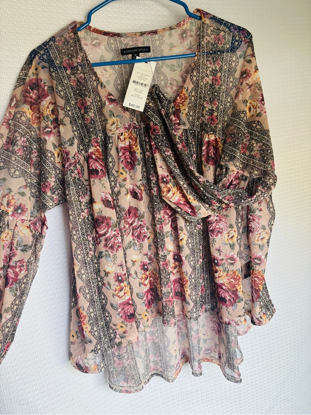 Signature Studio Floral Peasant Blouse - Beige with Pink & Yellow Blooms